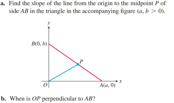 a. Find the slope of the line from the origin to the midpoint P of
side AB in the triangle in the accompanying figure (a, b > 0).
y
В(О, Б)
х
A(a, 0)
b. When is OP perpendicular to AB?

