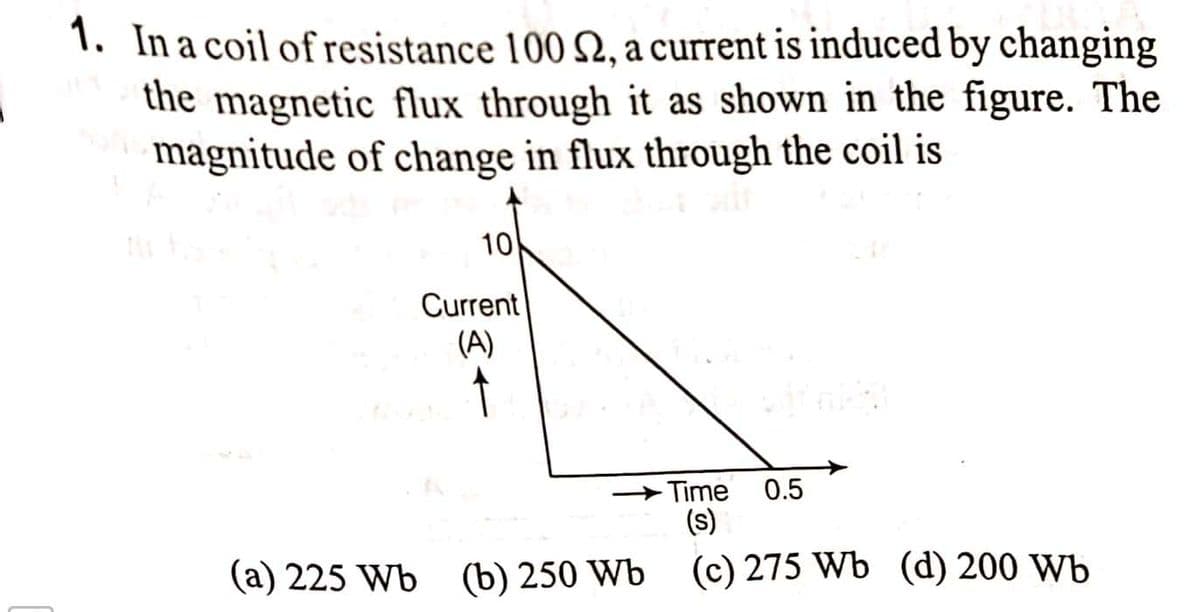 1. In a coil of resistance 100 2, a current is induced by changing
the magnetic flux through it as shown in the figure. The
magnitude of change in flux through the coil is
10
Current
(A)
- Time
(s)
(c) 275 Wb (d) 200 Wb
0.5
(a) 225 Wb (b) 250 Wb
