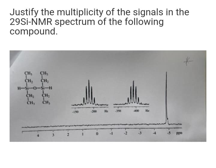 Justify the multiplicity of the signals in the
29Si-NMR spectrum of the following
compound.
CH3
CH,
CH:
H-Si-o-Si-H
CH2
CH,
ČH,
-150
-200
Hz
350
400
Hz
2
5 ppn
