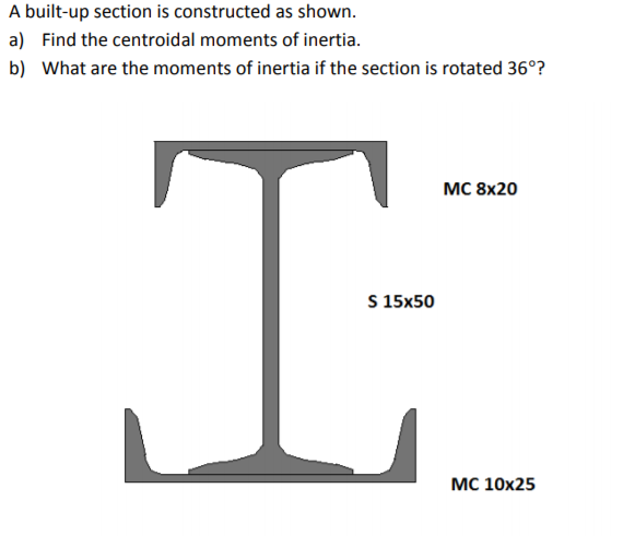 A built-up section is constructed as shown.
a) Find the centroidal moments of inertia.
b) What are the moments of inertia if the section is rotated 36°?
мс 8x20
S 15x50
МС 10х25
