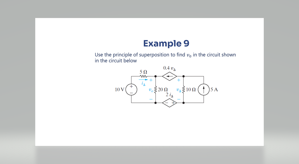 Example 9
Use the principle of superposition to find in the circuit shown
in the circuit below
10 V
+
5Ω
www
++
0.4 VA
+
υ Σ20 Ω V100 (15 A
2 is