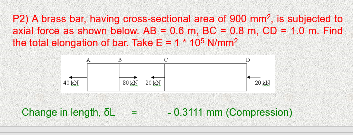 P2) A brass bar, having cross-sectional area of 900 mm2, is subjected to
axial force as shown below. AB = 0.6 m, BC = 0.8 m, CD = 1.0 m. Find
the total elongation of bar. Take E = 1 * 105 N/mm2
B
40 kN
80 kN
20 kN
20 kN
ww.
wwwww
wwww
Change in length, õL
- 0.3111 mm (Compression)
