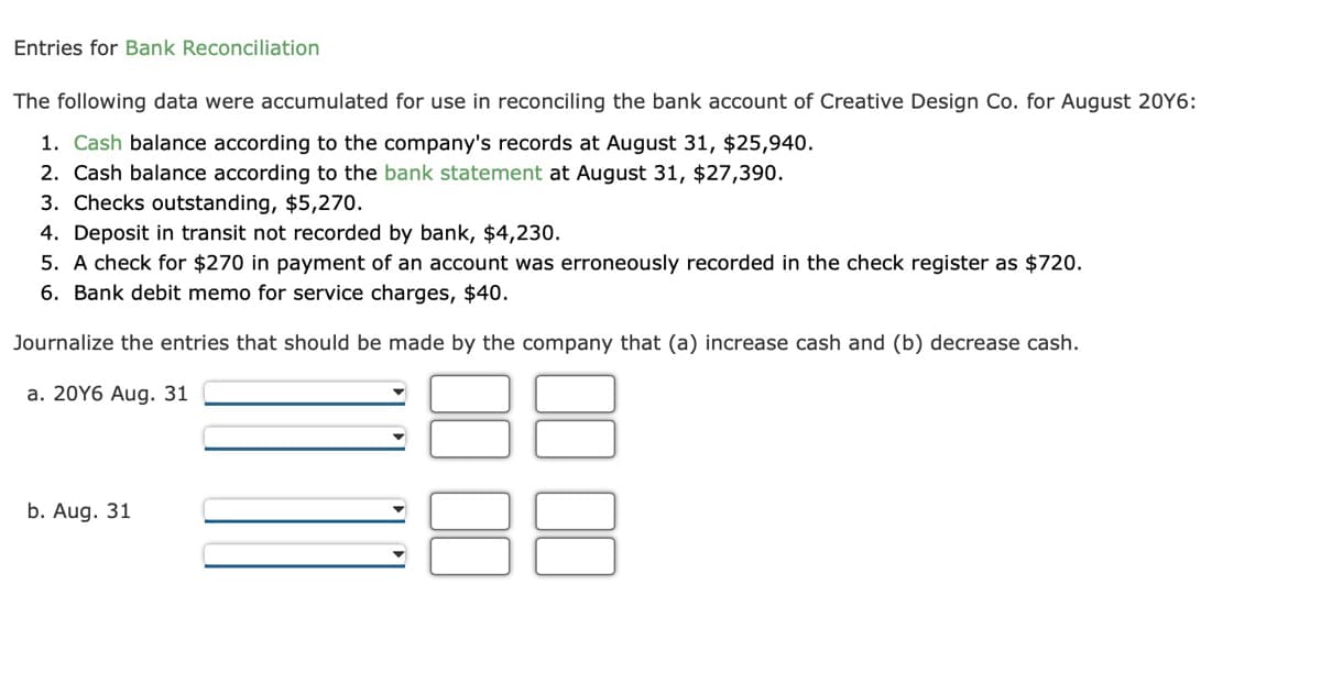 Entries for Bank Reconciliation
The following data were accumulated for use in reconciling the bank account of Creative Design Co. for August 20Y6:
1. Cash balance according to the company's records at August 31, $25,940.
2. Cash balance according to the bank statement at August 31, $27,390.
3. Checks outstanding, $5,270.
4. Deposit in transit not recorded by bank, $4,230.
5. A check for $270 in payment of an account was erroneously recorded in the check register as $720.
6. Bank debit memo for service charges, $40.
Journalize the entries that should be made by the company that (a) increase cash and (b) decrease cash.
a. 20Y6 Aug. 31
b. Aug. 31
