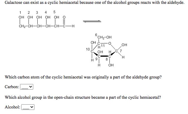 Galactose can exist as a cyclic hemiacetal because one of the alcohol groups reacts with the aldehyde.
1 2 3
4
он он о Н Он Он о
CH2-CH-CH-CH-CH-C-H
6.
CH2-OH
OH C
он
10
он
C
8.
H.
H.
OH
Which carbon atom of the cyclic hemiacetal was originally a part of the aldehyde group?
Carbon:
Which alcohol group in the open-chain structure became a part of the cyclic hemiacetal?
Alcohol:
