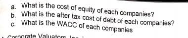 . What is the cost of equity of each companies?
h. What is the after tax cost of debt of each companies?
* What is the WACC of each companies
Cornorate Valuatore
