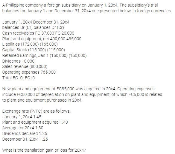 A Philippine company a foreign subsidiary on January 1, 20x4. The subsidiary's trial
balances for January 1 and December 31, 20x4 one presented below, in foreign currencies.
January 1, 20x4 December 31, 20x4
balances Dr (Cr) balances Dr (Cr)
Cash receivables FC 37,000 FC 20,000
Plant and equipment, net 400,000 435,000
Liabilities (172,000) (165,000)
Capital Stock (115,000) (115,000)
Retained Earnings, Jan 1 (150,000) (150,000)
Dividends 10,000
Sales revenue (800,000)
Operating expenses 765,000
Total FC -0- FC -0-
New plant and equipment of FC85,000 was acquired in 20x4. Operating expenses
include FC50,000 of depreciation on plant and equipment, of which FC5,000 is related
to plant and equipment purchased in 20x4.
Exchange rate (P/FC) are as follows:
January 1, 20x4 1.45
Plant and equipment acquired 1.40
Average for 20x4 1.30
Dividends declared 1.26
December 31, 20x4 1.25
What is the translation gain or loss for 20x4?
