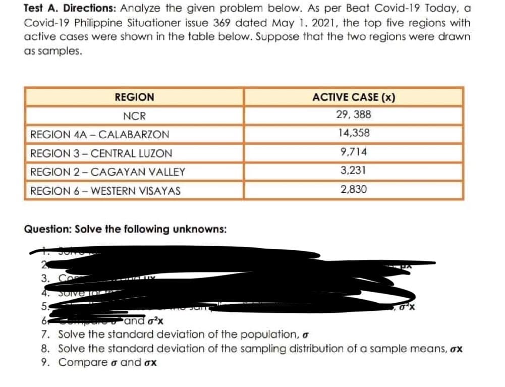 Test A. Directions: Analyze the given problem below. As per Beat Covid-19 Today, a
Covid-19 Philippine Situationer issue 369 dated May 1. 2021, the top five regions with
active cases were shown in the table below. Suppose that the two regions were drawn
as samples.
REGION
ACTIVE CASE (x)
NCR
29, 388
REGION 4A-CALABARZON
14,358
REGION 3-CENTRAL LUZON
9,714
REGION 2-CAGAYAN VALLEY
3,231
REGION 6-WESTERN VISAYAS
2,830
Question: Solve the following unknowns:
3.
Solve TOT
5:
6.
- and ox
7. Solve the standard deviation of the population, a
8. Solve the standard deviation of the sampling distribution of a sample means, ox
9. Compare σ and ox