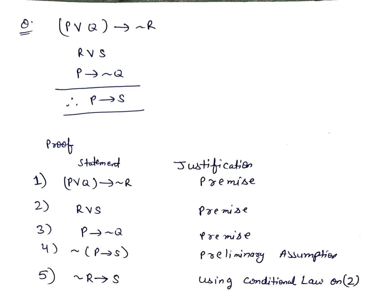RVS
P→~Q
Posof
Stutement
Justification
premise
1) (PvQ)→~R
2)
RVS
Premise
3)
pre mise
4) ~(Pas)
poeliminazy Assumption
5) ~R-> S
using conditional Law on (2)
