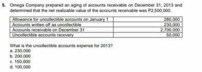5. Omega Company prepared an aging of accounts receivable on December 31, 2013 and
determined that the net realizable value of the accounts receivable wan P2,500,000.
Allowance for uncollectible accounts on Januaryt
Accounts witten oft as ungoilectble
Accounts receivable on December 31
Uncollectible accounts recovery
280.000
230.000
2.700.000
50.000
What is the uncolectible accounts expense for 2013?
a. 230,000
b. 200,000
c. 150,000
d. 100,000

