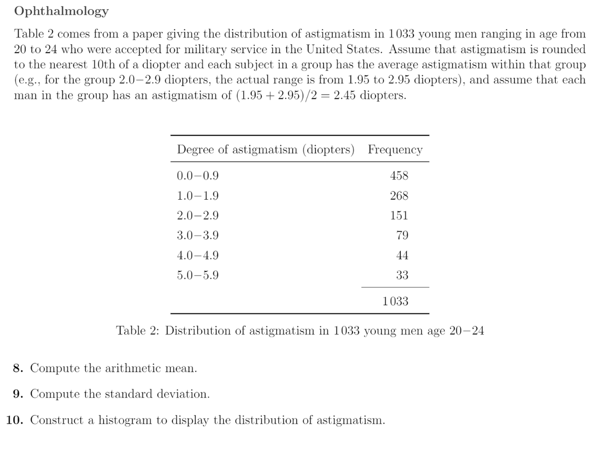 Ophthalmology
Table 2 comes from a paper giving the distribution of astigmatism in 1033 young men ranging in age from
20 to 24 who were accepted for military service in the United States. Assume that astigmatism is rounded
to the nearest 10th of a diopter and each subject in a group has the average astigmatism within that group
(e.g., for the group 2.0-2.9 diopters, the actual range is from 1.95 to 2.95 diopters), and assume that each
man in the group has an astigmatism of (1.95 + 2.95)/2 = 2.45 diopters.
Degree of astigmatism (diopters) Frequency
0.0-0.9
458
1.0-1.9
268
2.0-2.9
151
3.0-3.9
79
4.0-4.9
44
5.0-5.9
33
1033
Table 2: Distribution of astigmatism in 1033 young men age 20-24
8. Compute the arithmetic mean.
9. Compute the standard deviation.
10. Construct a histogram to display the distribution of astigmatism.
