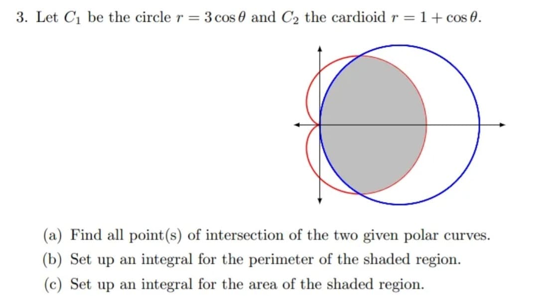 3. Let C1 be the circle r = 3 cos 0 and C2 the cardioid r =1+cos 0.
(a) Find all point(s) of intersection of the two given polar curves.
(b) Set up an integral for the perimeter of the shaded region.
(c) Set up an integral for the area of the shaded region.
