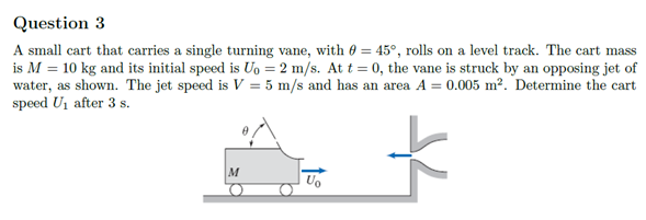 Question 3
A small cart that carries a single turning vane, with 0 = 45°, rolls on a level track. The cart mass
is M = 10 kg and its initial speed is Uo = 2 m/s. At t = 0, the vane is struck by an opposing jet of
water, as shown. The jet speed is V = 5 m/s and has an area A = 0.005 m². Determine the cart
speed U1 after 3 s.
M
