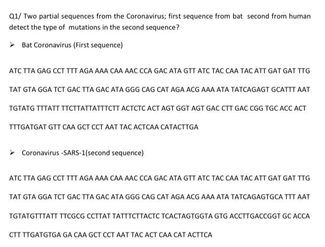 Q1/ Two partial sequences from the Coronavirus; first sequence from bat second from human
detect the type of mutations in the second sequence?
> Bat Coronavirus (First sequence)
ATC TTA GAG CCT TTT AGA AAA CAA AAC CCA GAC ATA GTT ATC TAC CAA TAC ATT GAT GAT TTG
TAT GTA GGA TCT GAC TTA GAC ATA GGG CAG CAT AGA ACG AAA ATA TATCAGAGT GCATTT AAT
TGTATG TTTATT TTCTTATTATTTCTT ACTCTC ACT AGT GGT AGT GAC CTT GAC CGG TGC ACC ACT
ттTGATGAT GTT САA GCT CCT AAT TАС АСТCАА САТАСТтTGA
> Coronavirus -SARS-1(second sequence)
ATC TTA GAG CCT TTT AGA AAA CAA AAC CCA GAC ATA GTT ATC TAC CAA TAC ATT GAT GAT TTG
TAT GTA GGA TCT GAC TTA GAC ATA GGG CAG CAT AGA ACG AAA ATA TATCAGAGTGCA TTT AAT
TGTATGTTTATT TTCGCG CCTTAT TATTTCTTACTC TCACTAGTGGTA GTG ACCTTGACCGGT GC ACCA
CTT TTGATGTGA GA CAA GCT CCT AAT TAC ACT CAA CAT ACTTCA
