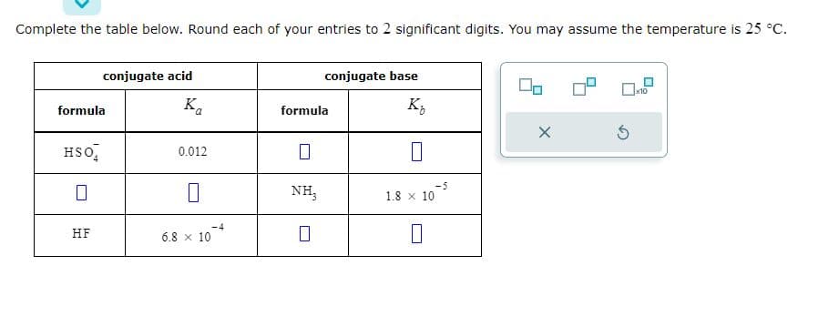 Complete the table below. Round each of your entries to 2 significant digits. You may assume the temperature is 25 °C.
formula
HSO
0
conjugate acid
HF
Ka
0.012
0
6.8 x 10
conjugate base
K₂
0
formula
0
NH₂
1.8 x 10
0
-5
X
5
x10