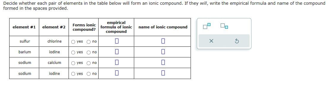 Decide whether each pair of elements in the table below will form an ionic compound. If they will, write the empirical formula and name of the compound
formed in the spaces provided.
element #1
sulfur
barium
sodium
sodium
element #2
chlorine
iodine
calcium
iodine
Forms ionic
compound?
O yes O no
O yes O no
O yes O no
O yes no
empirical
formula of ionic
compound
0
0
0
name of ionic compound
0
0
0
0