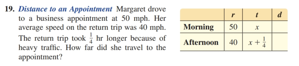 19. Distance to an Appointment Margaret drove
to a business appointment at 50 mph. Her
average speed on the return trip was 40 mph.
The return trip took hr longer because of
heavy traffic. How far did she travel to the
appointment?
r
d
Morning
50
Afternoon
40
1
x+ 4
