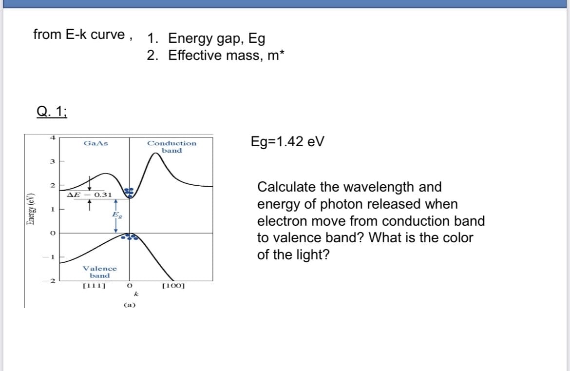from E-k curve,
Q. 1;
3
Energy (eV)
U
GaAs
ΔΕ 0.31
Valence
band
[111]
O
k
(a)
1. Energy gap, Eg
2. Effective mass, m*
Conduction
band
[100]
Eg=1.42 eV
Calculate the wavelength and
energy of photon released when
electron move from conduction band
to valence band? What is the color
of the light?