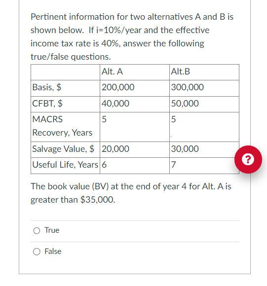 Pertinent information for two alternatives A and B is
shown below. If i=10% / year and the effective
income tax rate is 40%, answer the following
true/false questions.
Basis, $
CFBT, $
MACRS
Recovery, Years
Salvage Value, $ 20,000
Useful Life, Years 6
Alt. A
200,000
40,000
5
O True
False
Alt.B
300,000
50,000
5
The book value (BV) at the end of year 4 for Alt. A is
greater than $35,000.
30,000
7