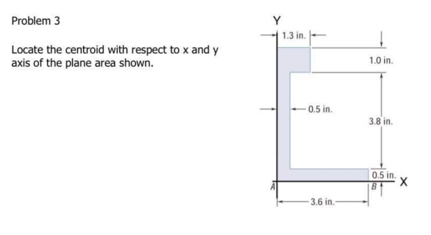 Problem 3
Y
1.3 in.
Locate the centroid with respect to x and y
axis of the plane area shown.
1.0 in.
-0.5 in.
3.8 in.
0.5 in.
B
-3.6 in.-
