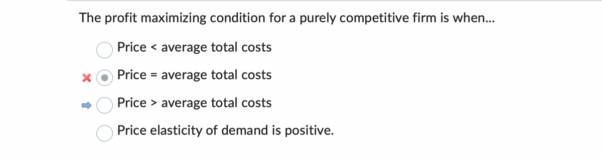 The profit maximizing condition for a purely competitive firm is when...
Price < average total costs
Price = average total costs
Price > average total costs
Price elasticity of demand is positive.