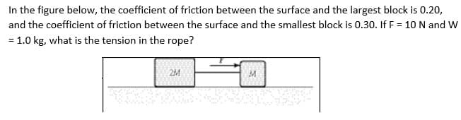 In the figure below, the coefficient of friction between the surface and the largest block is 0.20,
and the coefficient of friction between the surface and the smallest block is 0.30. If F = 10 N and W
= 1.0 kg, what is the tension in the rope?
