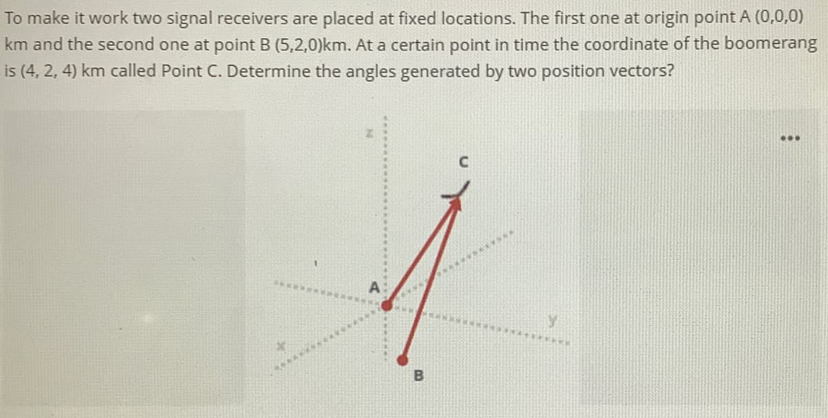 To make it work two signal receivers are placed at fixed locations. The first one at origin point A (0,0,0)
km and the second one at point B (5,2,0)km. At a certain point in time the coordinate of the boomerang
is (4, 2, 4) km called Point C. Determine the angles generated by two position vectors?
...
