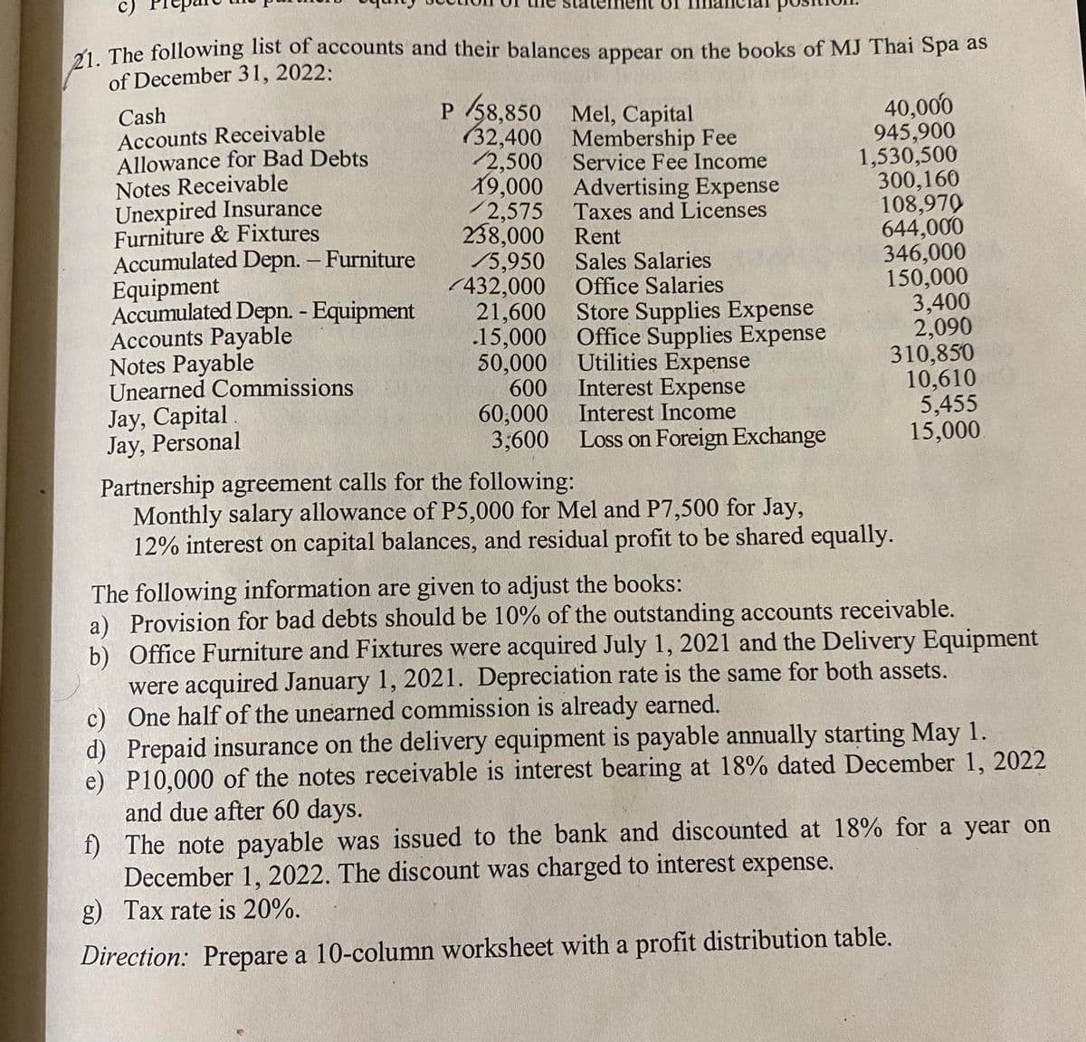 21. The following list of accounts and their balances appear on the books of MJ Thai Spa as
of December 31, 2022:
P/58,850 Mel, Capital
32,400 Membership Fee
2,500 Service Fee Income
19,000 Advertising Expense
2,575 Taxes and Licenses
238,000 Rent
16
5,950 Sales Salaries
432,000 Office Salaries
21,600
.15,000
50,000
Utilities Expense
600
60,000
3,600
Cash
Accounts Receivable
Allowance for Bad Debts
Notes Receivable
Unexpired Insurance
Furniture & Fixtures
Accumulated Depn. - Furniture
Equipment
Accumulated Depn. - Equipment
Accounts Payable
Notes Payable
Unearned Commissions
Jay, Capital.
Jay, Personal
Store Supplies Expense
Office Supplies Expense
Interest Expense
Interest Income
Loss on Foreign Exchange
40,000
945,900
1,530,500
c)
d)
e)
300,160
108,979
644,000
346,000
150,000
Partnership agreement calls for the following:
Monthly salary allowance of P5,000 for Mel and P7,500 for Jay,
12% interest on capital balances, and residual profit to be shared equally.
3,400
2,090
310,850
10,610
5,455
15,000
The following information are given to adjust the books:
a) Provision for bad debts should be 10% of the outstanding accounts receivable.
b) Office Furniture and Fixtures were acquired July 1, 2021 and the Delivery Equipment
were acquired January 1, 2021. Depreciation rate is the same for both assets.
One half of the unearned commission is already earned.
Prepaid insurance on the delivery equipment is payable annually starting May 1.
P10,000 of the notes receivable is interest bearing at 18% dated December 1, 2022
and due after 60 days.
f) The note payable was issued to the bank and discounted at 18% for a year on
December 1, 2022. The discount was charged to interest expense.
g) Tax rate is 20%.
Direction: Prepare a 10-column worksheet with a profit distribution table.