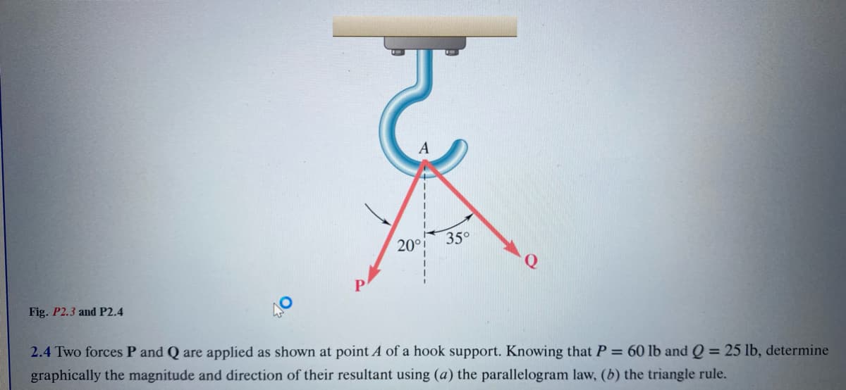 Fig. P2.3 and P2.4
A
20°
35°
2.4 Two forces P and Q are applied as shown at point A of a hook support. Knowing that P = 60 lb and Q = 25 lb, determine
graphically the magnitude and direction of their resultant using (a) the parallelogram law, (b) the triangle rule.