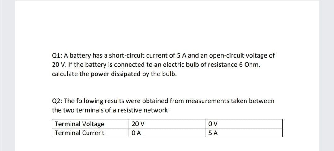Q1: A battery has a short-circuit current of 5 A and an open-circuit voltage of
20 V. If the battery is connected to an electric bulb of resistance 6 Ohm,
calculate the power dissipated by the bulb.
Q2: The following results were obtained from measurements taken between
the two terminals of a resistive network:
Terminal Voltage
20 V
OV
Terminal Current
O A
5 A
