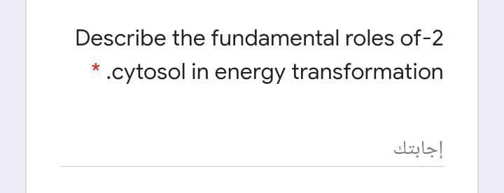 Describe the fundamental roles of-2
.cytosol in energy transformation
إجابتك
