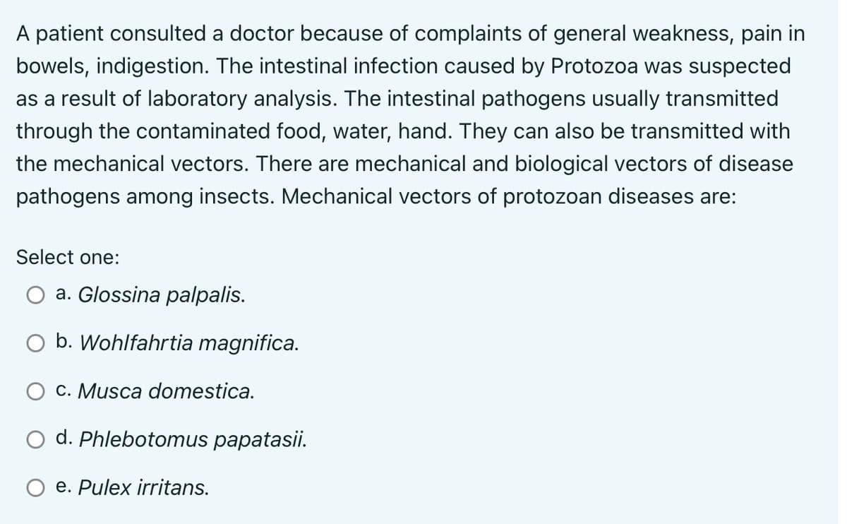 A patient consulted a doctor because of complaints of general weakness, pain in
bowels, indigestion. The intestinal infection caused by Protozoa was suspected
as a result of laboratory analysis. The intestinal pathogens usually transmitted
through the contaminated food, water, hand. They can also be transmitted with
the mechanical vectors. There are mechanical and biological vectors of disease
pathogens among insects. Mechanical vectors of protozoan diseases are:
Select one:
a. Glossina palpalis.
O b. Wohlfahrtia magnifica.
c. Musca domestica.
d. Phlebotomus papatasii.
e. Pulex irritans.