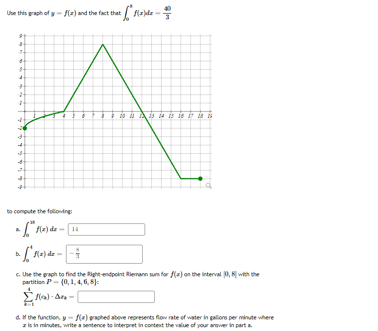 = f* f(x)dz ·
40
3
7
6.
5-
4
3
2
1
8 9 10 11 12 13 14 15 16 17 18 19
-1
-20
-3-
to compute the following:
18
a. [th* f(x) dx =
14
b.
· fª f(x) dx ·
c. Use the graph to find the Right-endpoint Riemann sum for f(x) on the interval [0, 8] with the
partition P
{0, 1, 4, 6, 8):
f(ck). Azk
=
k=1
d. If the function, y = f(x) graphed above represents flow rate of water in gallons per minute where
z is in minutes, write a sentence to interpret in context the value of your answer in part a.
Use this graph of y = f(x) and the fact that
9
8
5 6
9% ¹0
t
1
3
4
=