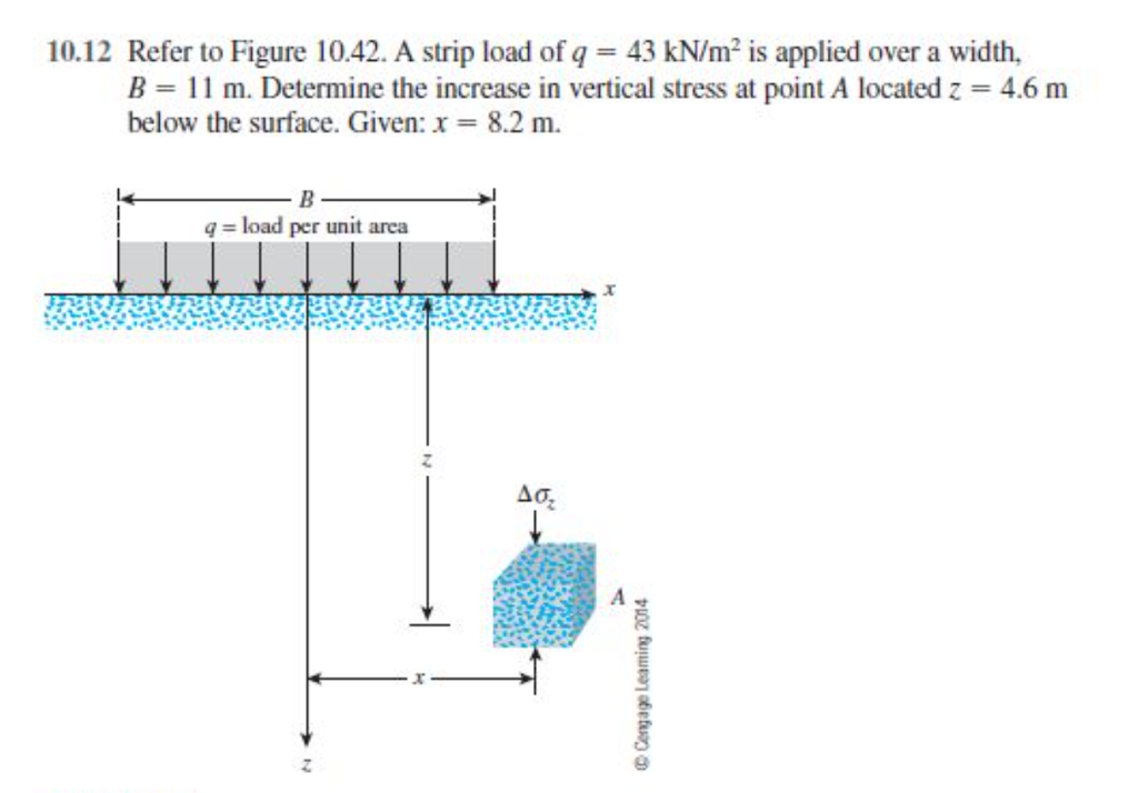 10.12 Refer to Figure 10.42. A strip load of q = 43 kN/m2 is applied over a width,
B 11 m. Determine the increase in vertical stress at point A located z 4.6 m
below the surface. Given: x 8.2 m
В
q
load per unit area
Cengage Leaming 2014
