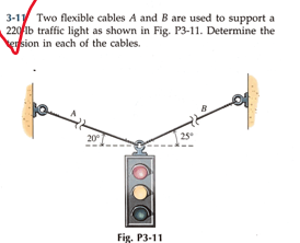3-1 Two flexible cables A and B are used to support a
220 lb traffic light as shown in Fig. P3-11. Determine the
ersion in each of the cables.
20⁰°
Fig. P3-11
25°