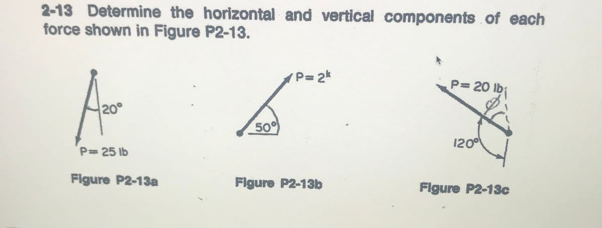 2-13 Determine the horizontal and vertical components of each
force shown in Figure P2-13.
A-
P= 2*
P= 20 lbi
20°
50
120
P= 25 lb
Figure P2-13a
Figure P2-13b
Flgure P2-13c
