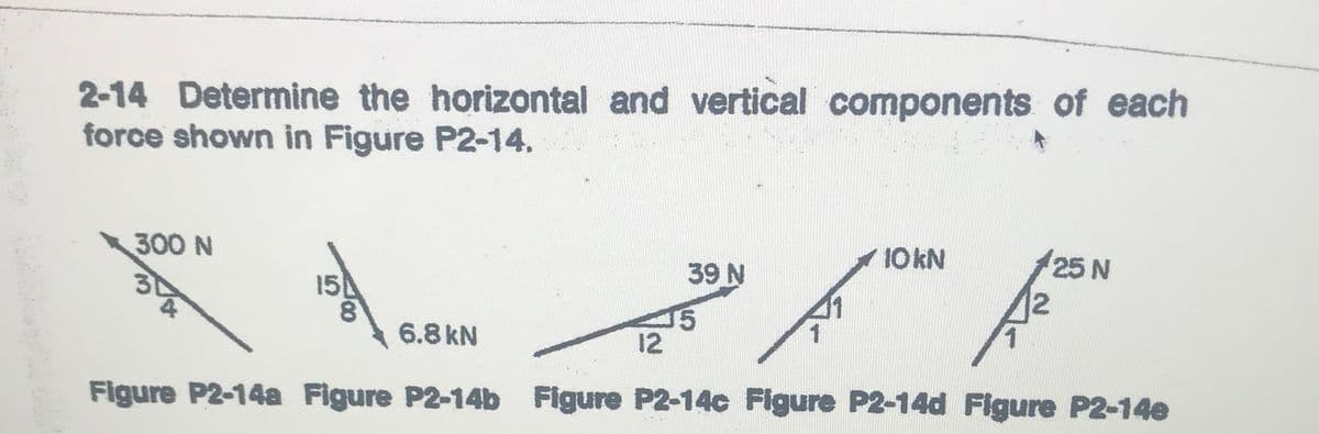 2-14 Determine the horizontal and vertical components of each
force shown in Figure P2-14.
300 N
15
39 N
10KN
25 N
12
15
12
6.8 kN
1
1.
Figure P2-14a Figure P2-14b Figure P2-14c Figure P2-14d Figure P2-14e
