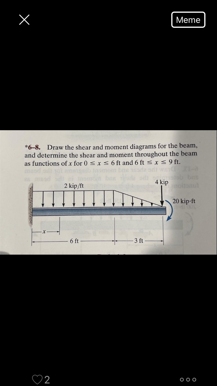 Meme
*6-8. Draw the shear and moment diagrams for the beam,
and determine the shear and moment throughout the beam
as functions of x for 0 < x < 6 ft and 6 ft < x < 9 ft.
msod
bns
4 kip
2 kip/ft
noitonul
20 kip-ft
6 ft
3 ft
♡ 2
O O O
