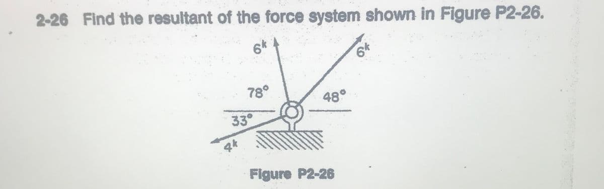 2-26 Find the resultant of the force system shown in Figure P2-26.
6k
64
78°
48°
33°
Figure P2-26
