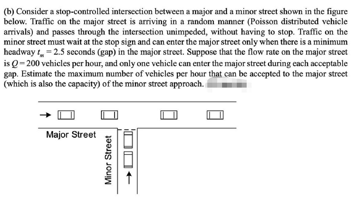 (b) Consider a stop-controlled intersection between a major and a minor street shown in the figure
below. Traffic on the major street is arriving in a random manner (Poisson distributed vehicle
arrivals) and passes through the intersection unimpeded, without having to stop. Traffic on the
minor street must wait at the stop sign and can enter the major street only when there is a minimum
headway t = 2.5 seconds (gap) in the major street. Suppose that the flow rate on the major street
is Q=200 vehicles per hour, and only one vehicle can enter the major street during each acceptable
gap. Estimate the maximum number of vehicles per hour that can be accepted to the major street
(which is also the capacity) of the minor street approach.
Major Street
Minor Street
