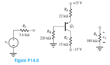 +15 V
RẸ.
22 k2
R1
RB.
R.
3.6 k2
220 k2
Rc.
180 k2
15 k2-
6-15 V
Figure P14.6
