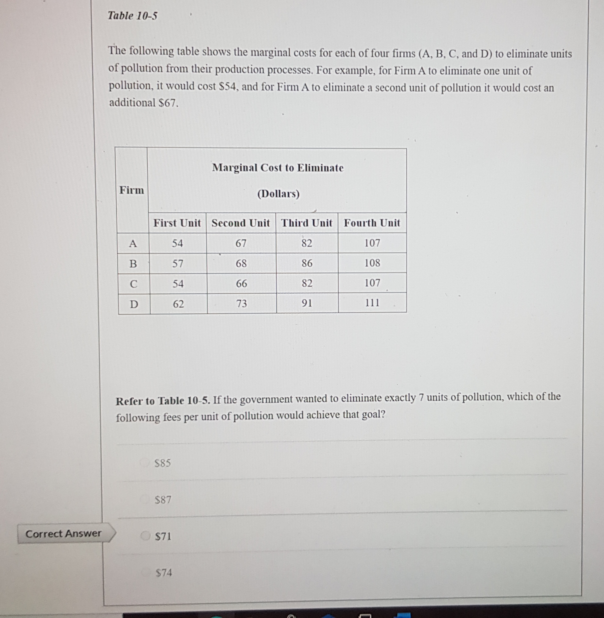 Table 10-5
The following table shows the marginal costs for each of four firms (A, B, C, and D) to eliminate units
of pollution from their production processes. For example, for Firm A to eliminate one unit of
pollution, it would cost $54, and for Firm A to eliminate a second unit of pollution it would cost an
additional $67.
Marginal Cost to Eliminate
Firm
(Dollars)
First Unit Second Unit Third Unit Fourth Unit
54
67
82
107
57
68
86
108
54
66
82
107
D
62
73
91
11
Refer to Table 10-5. If the government wanted to eliminate exactly 7 units of pollution, which of the
following fees per unit of pollution would achieve that goal?
S85
$87
er
$71
$74
AB
