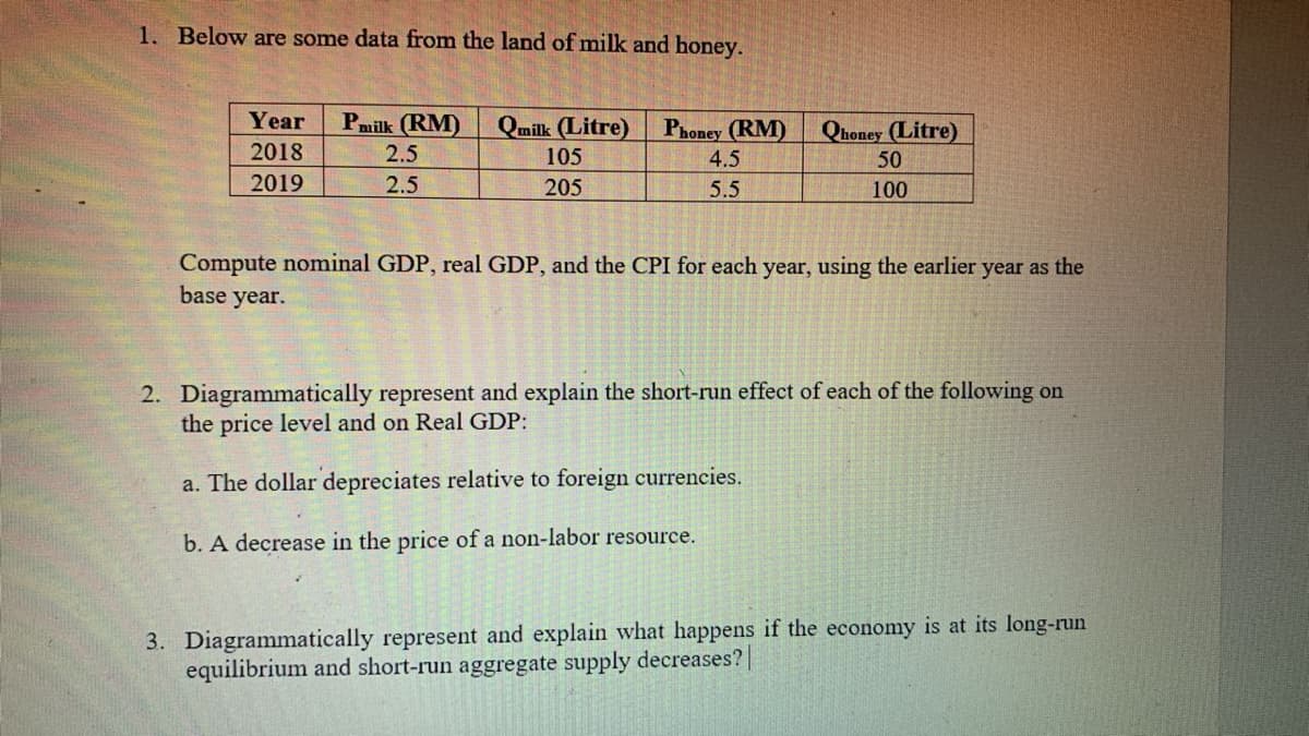 1. Below are some data from the land of milk and honey.
Year
Pmilk (RM)
Qmilk (Litre)
Phoney (RM)
Qhoney (Litre)
2018
2.5
105
4.5
50
2019
2.5
205
5.5
100
Compute nominal GDP, real GDP, and the CPI for each year, using the earlier year as the
base year.
2. Diagrammatically represent and explain the short-run effect of each of the following on
the price level and on Real GDP:
a. The dollar depreciates relative to foreign currencies.
b. A decrease in the price of a non-labor resource.
3. Diagrammatically represent and explain what happens if the economy is at its long-run
equilibrium and short-run aggregate supply decreases?
