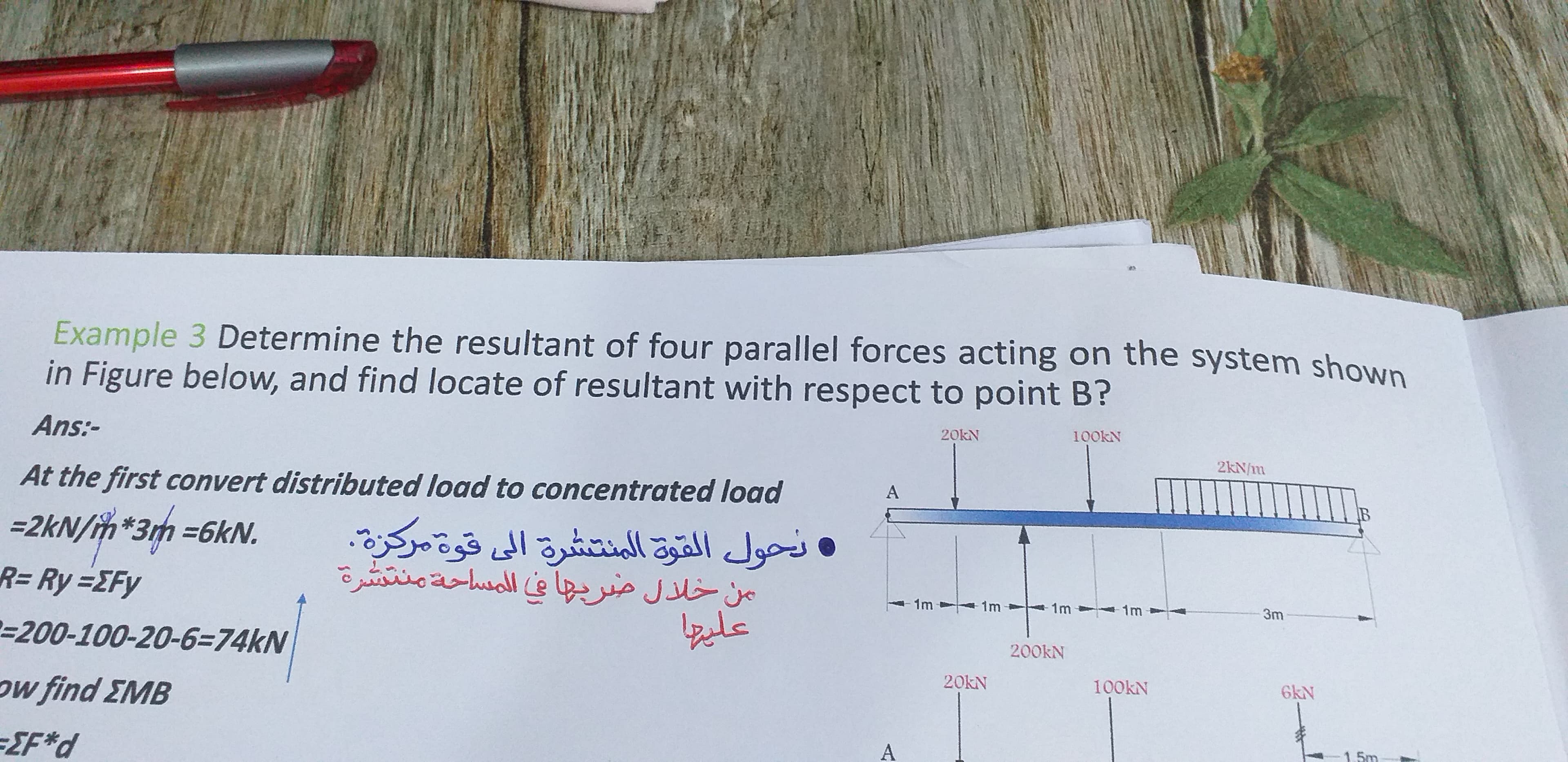 Example 3 Determine the resultant of four parallel forces acting on the system shown
in Figure below, and find locate of resultant with respect to point B?
20KN
100KN
Ans:-
2kN/m
At the first conuont diatuil
