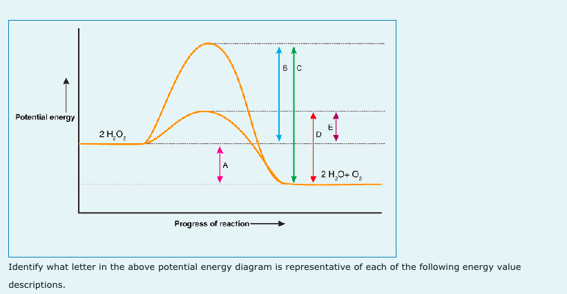 Potential energy
2 H,0,
A
2 H,0+ 0,
Progress of reaction-
Identify what letter in the above potential energy diagram is representative of each of the following energy value
descriptions.
