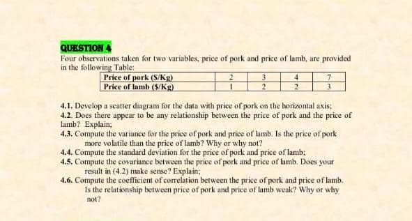 4.1. Develop a scatter diagram for the data with price of pork on the horizontal axis;
4.2. Does there appear to be any relationship between the price of pork and the price of
lamb? Explain;
4.3. Compute the variance for the price of pork and price of lamb. Is the price of pork
more volatile than the price of lamb? Why or why not?
4.4. Compute the standard deviation for the price of pork and price of lamb;
4.5. Compute the covariance between the price of pork and price of lamb. Does your
result in (4.2) make sense? Explain;
4.6. Compute the coefficient of correlation between the price of pork and price of lamb.
Is the relationship between price of pork and price of lamb weak? Why or why
not?
