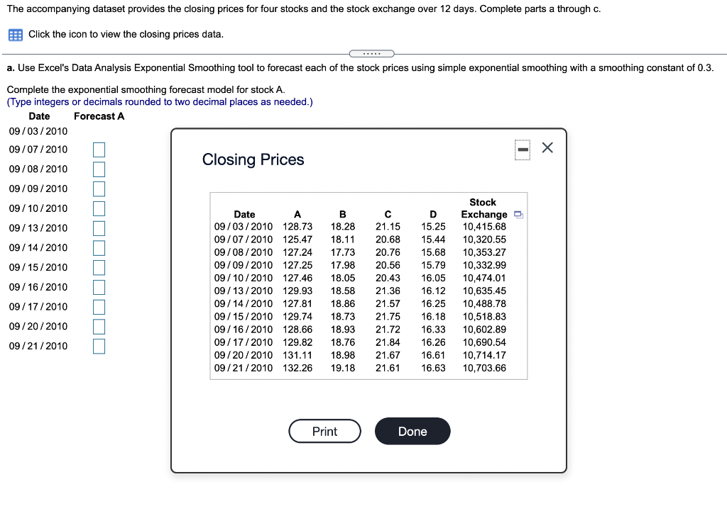 The accompanying dataset provides the closing prices for four stocks and the stock exchange over 12 days. Complete parts a through c.
E Click the icon to view the closing prices data.
a. Use Excel's Data Analysis Exponential Smoothing tool to forecast each of the stock prices using simple exponential smoothing with a smoothing constant of 0.3.
Complete the exponential smoothing forecast model for stock A.
(Type integers or decimals rounded to two decimal places as needed.)
Date
Forecast A
09/03/ 2010
09/07/2010
Closing Prices
09/08/ 2010
09/ 09/2010
Stock
09/ 10/2010
Exchange D
10,415.68
10,320.55
Date
A
В
D
09/ 13/2010
09/03/ 2010 128.73
18.28
21.15
15.25
09/07/ 2010 125.47
18.11
20.68
15.44
09/ 14/2010
09/08/ 2010 127.24
17.73
20.76
15.68
10,353.27
09/ 15/2010
09/ 09/ 2010 127.25
17.98
20.56
15.79
10,332.99
09/10/2010 127.46
18.05
20.43
16.05
10,474.01
09/ 16/2010
09/ 13/2010 129.93
18.58
21.36
16.12
10,635.45
09/17/2010
09/ 14/2010 127.81
18.86
21.57
16.25
10,488.78
09/ 15/2010 129.74
18.73
21.75
16.18
10,518.83
09/ 20/2010
09/ 16/2010 128.66
18.93
21.72
16.33
10.602.89
09/21/2010
09/ 17/2010 129.82
18.76
21.84
16.26
10,690.54
09/ 20/2010 131.11
18.98
21.67
16.61
10,714.17
09/21/2010 132.26
19.18
21.61
16.63
10,703.66
Print
Done
OOOOD ODOODO
