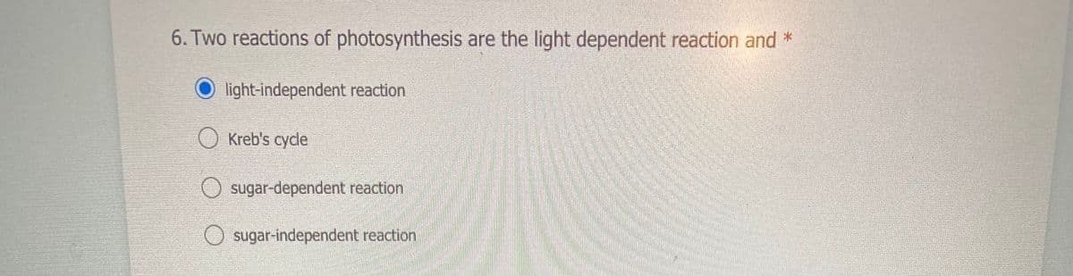 6. Two reactions of photosynthesis are the light dependent reaction and *
light-independent reaction
O Kreb's cydle
sugar-dependent reaction
O sugar-independent reaction
