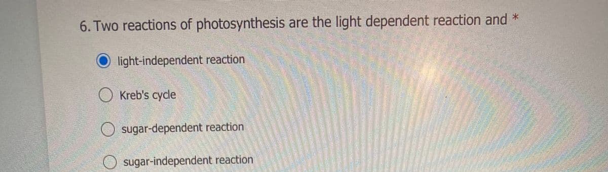 6. Two reactions of photosynthesis are the light dependent reaction and *
O light-independent reaction
O Kreb's cycle
O sugar-dependent reaction
O sugar-independent reaction
