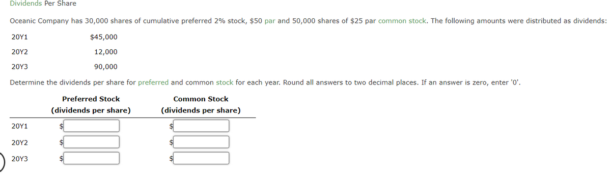 Dividends Per Share
Oceanic Company has 30,000 shares of cumulative preferred 2% stock, $50 par and 50,000 shares of $25 par common stock. The following amounts were distributed as dividends:
20Y1
$45,000
20Υ2
12,000
20Υ3
90,000
Determine the dividends per share for preferred and common stock for each year. Round all answers to two decimal places. If an answer is zero, enter 'O'.
Preferred Stock
Common Stock
(dividends per share)
(dividends per share)
20Υ1
20Υ2
$
20Υ3
$
