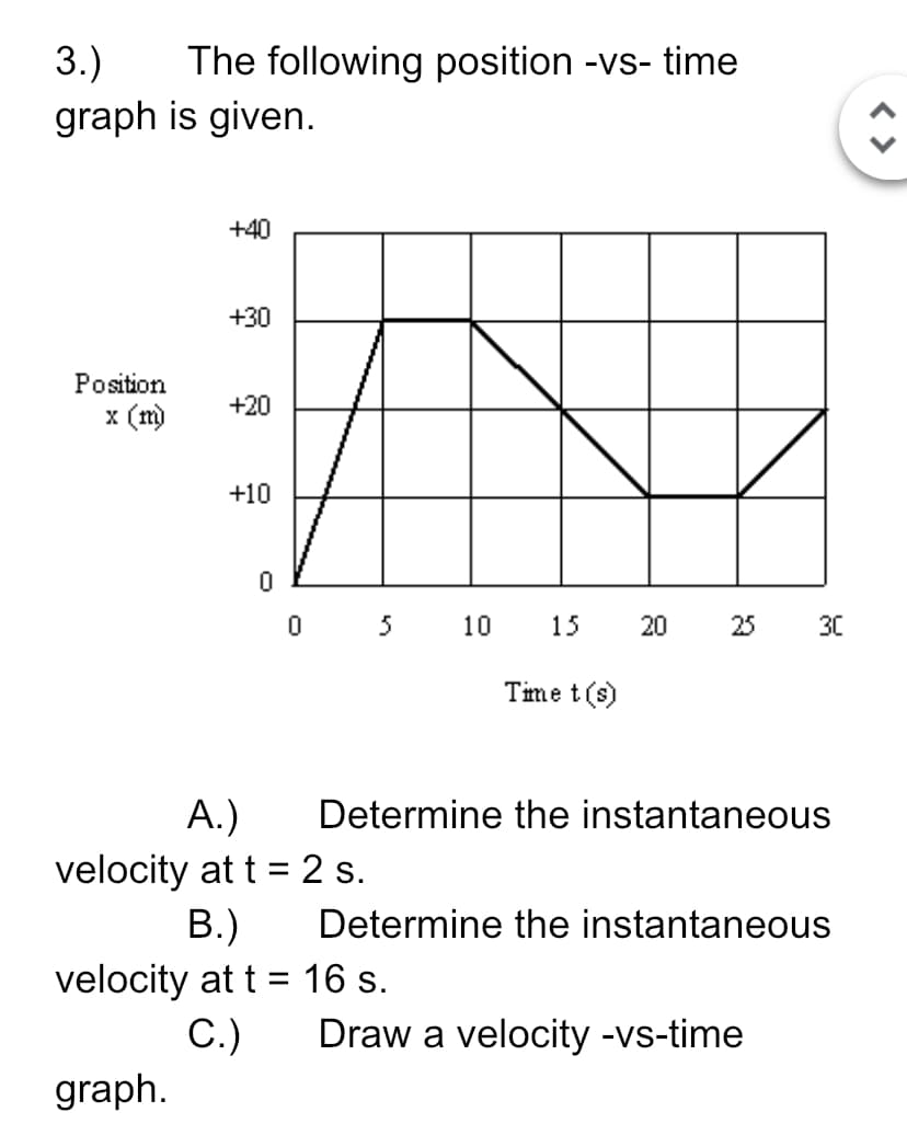 3.)
graph is given.
The following position -vs- time
+40
+30
Position
+20
x (m)
+10
0 5 10
15
20
25
30
Time t(s)
A.)
Determine the instantaneous
velocity at t = 2 s.
B.)
velocity at t = 16 s.
C.)
Determine the instantaneous
Draw a velocity -vs-time
graph.
< >
